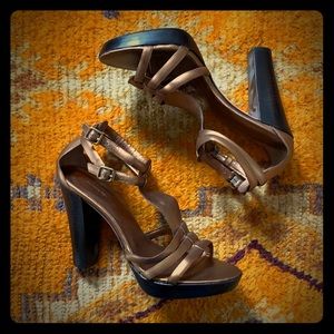 Bronze leather platform sandals w/ dbl ankle strap